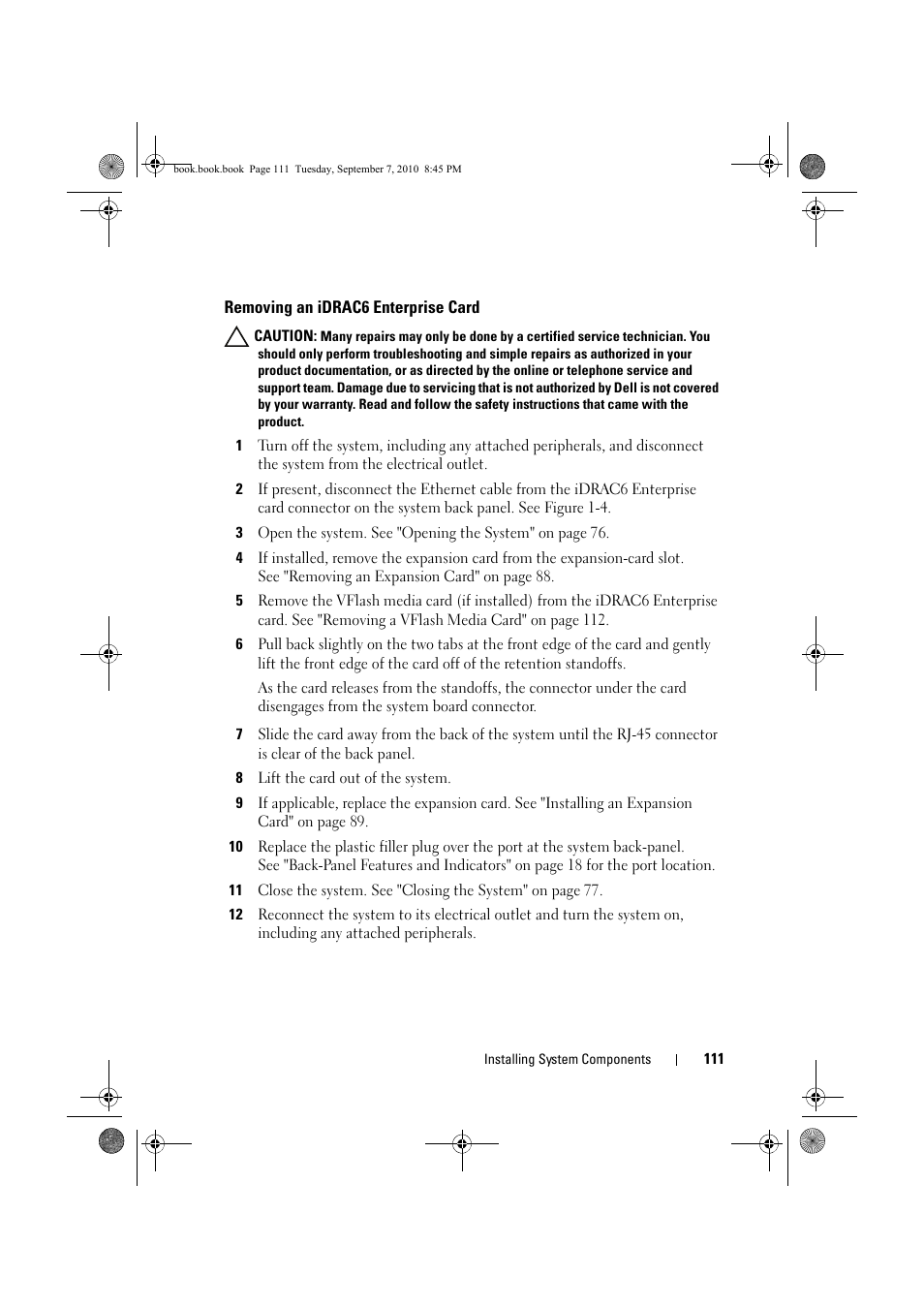 Removing an idrac6 enterprise card | Dell DX6004S User Manual | Page 111 / 168