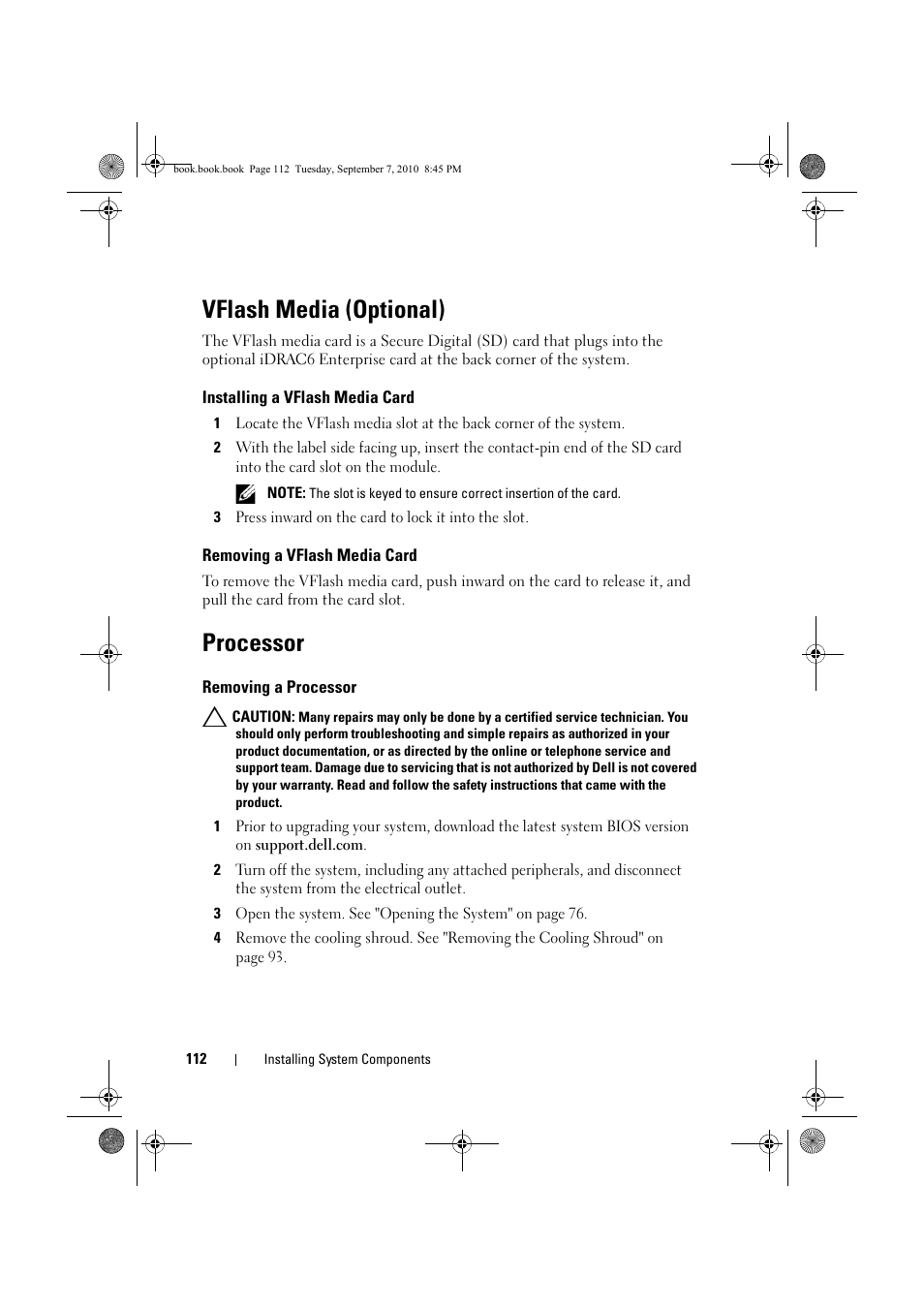 Vflash media (optional), Installing a vflash media card, Removing a vflash media card | Processor, Removing a processor | Dell DX6004S User Manual | Page 112 / 168