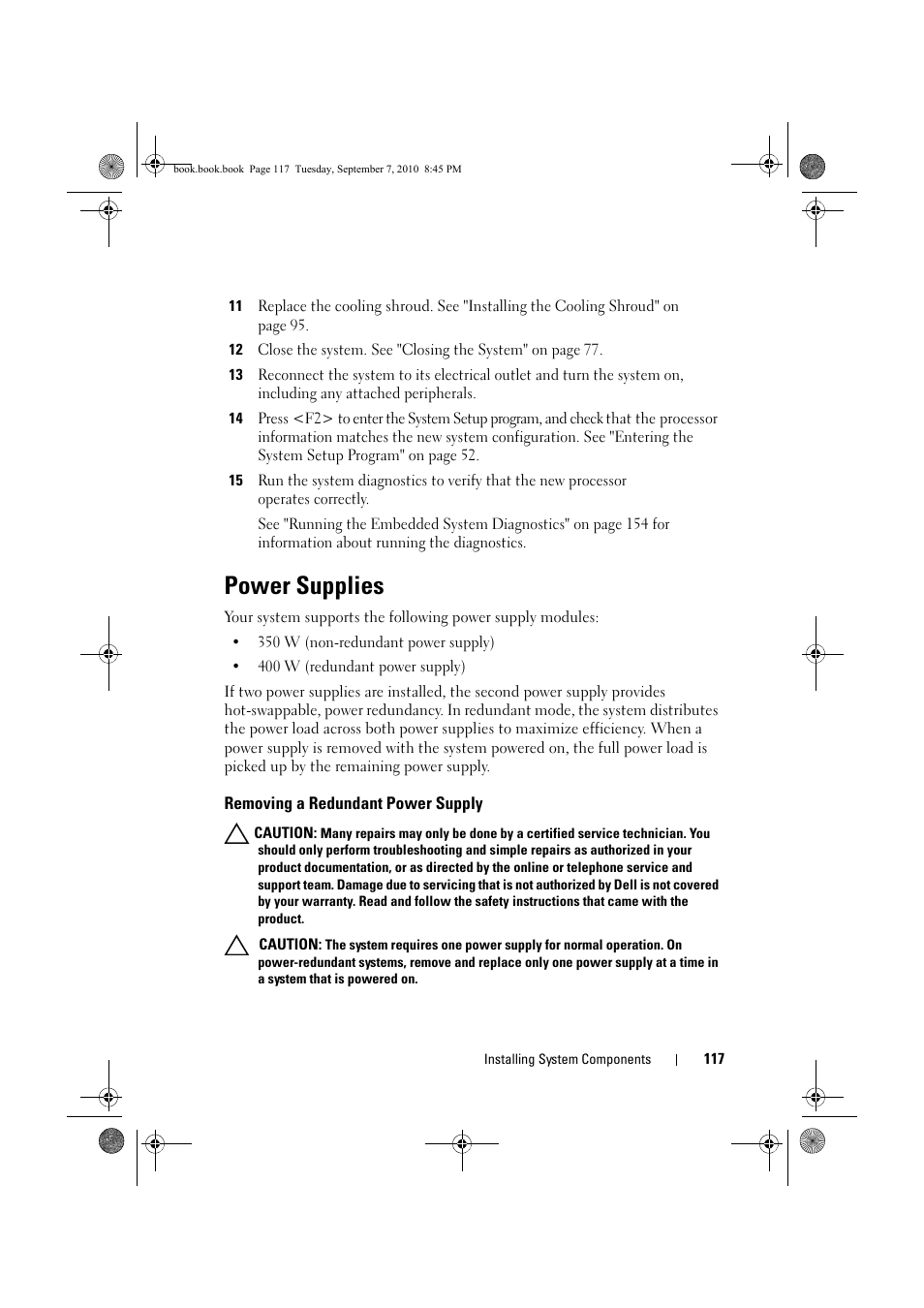 Power supplies, Removing a redundant power supply, Power supplies" on | Dell DX6004S User Manual | Page 117 / 168