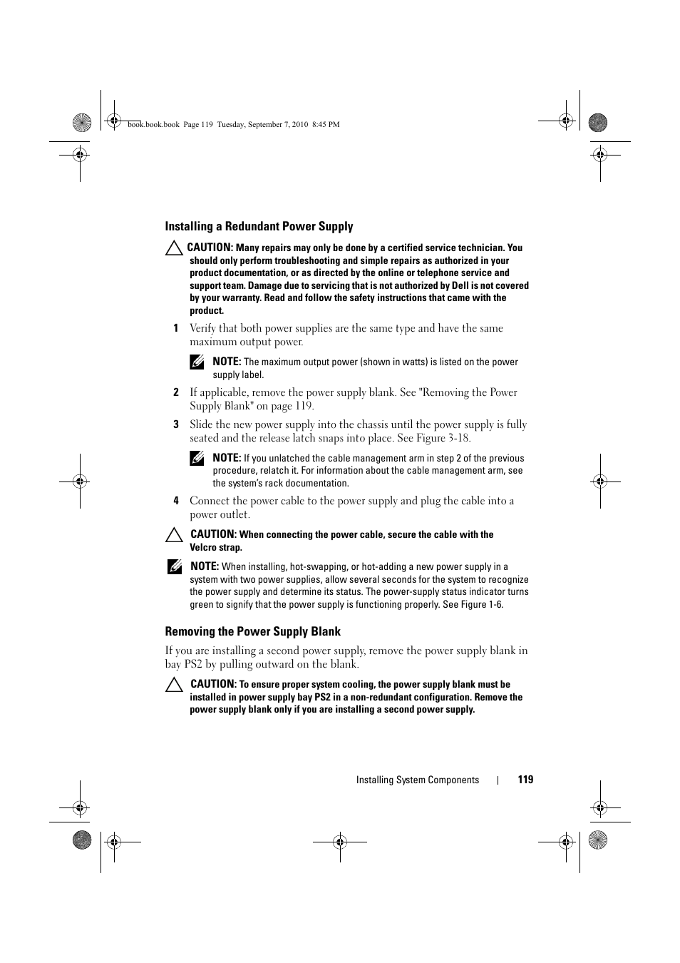 Installing a redundant power supply, Removing the power supply blank | Dell DX6004S User Manual | Page 119 / 168