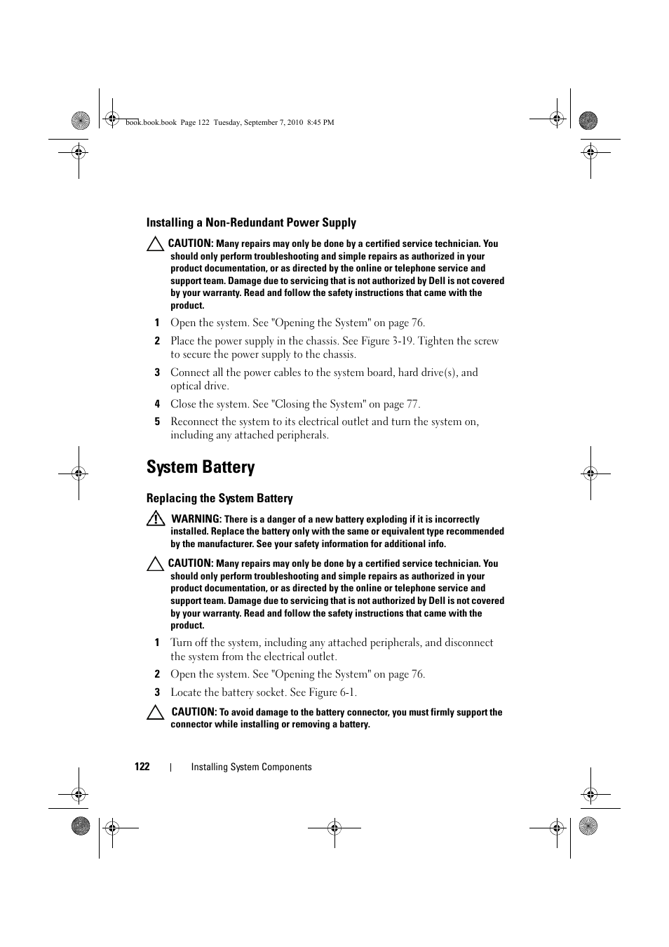 Installing a non-redundant power supply, System battery, Replacing the system battery | See "system battery | Dell DX6004S User Manual | Page 122 / 168