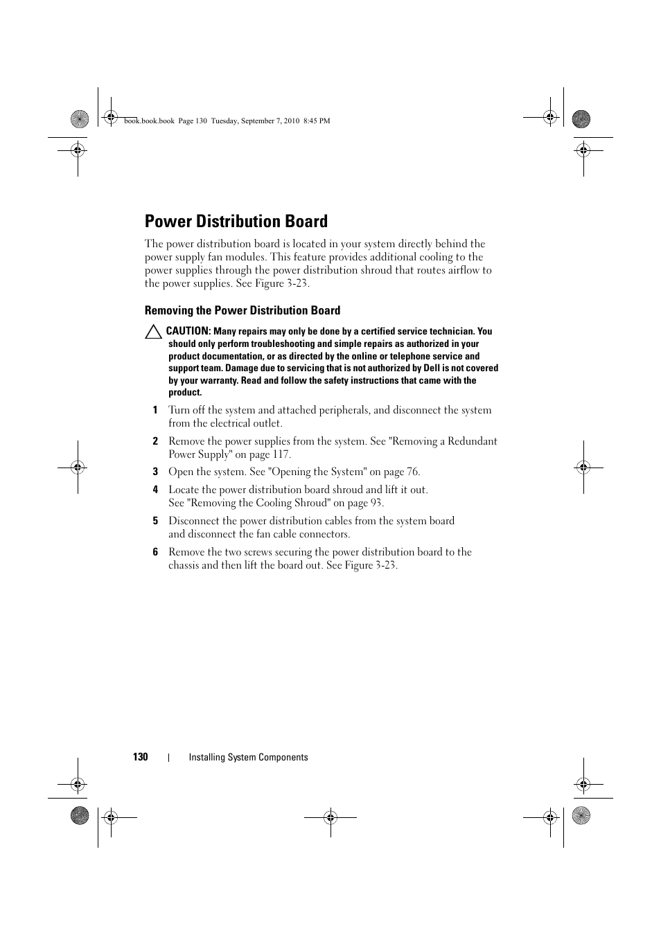 Power distribution board, Removing the power distribution board | Dell DX6004S User Manual | Page 130 / 168
