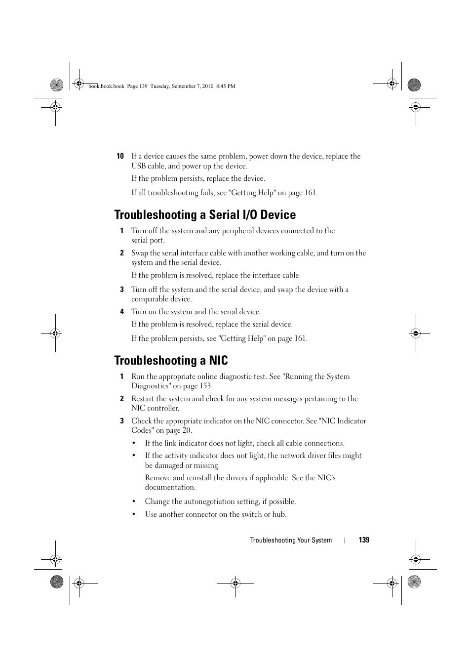 Troubleshooting a serial i/o device, Troubleshooting a nic, Troubleshooting a nic" on | Dell DX6004S User Manual | Page 139 / 168