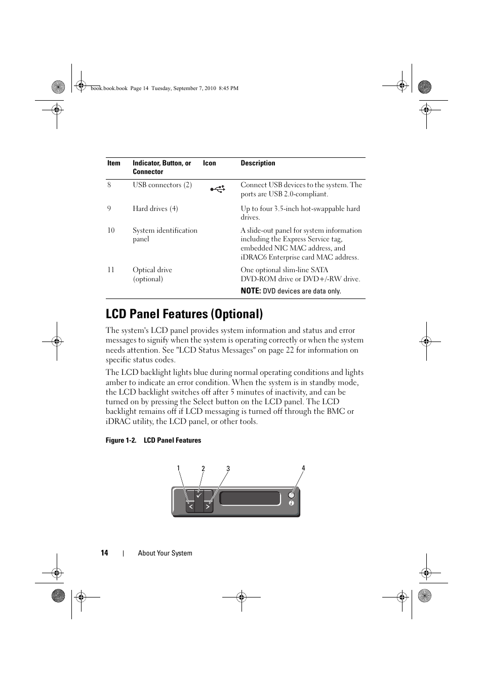 Lcd panel features (optional) | Dell DX6004S User Manual | Page 14 / 168