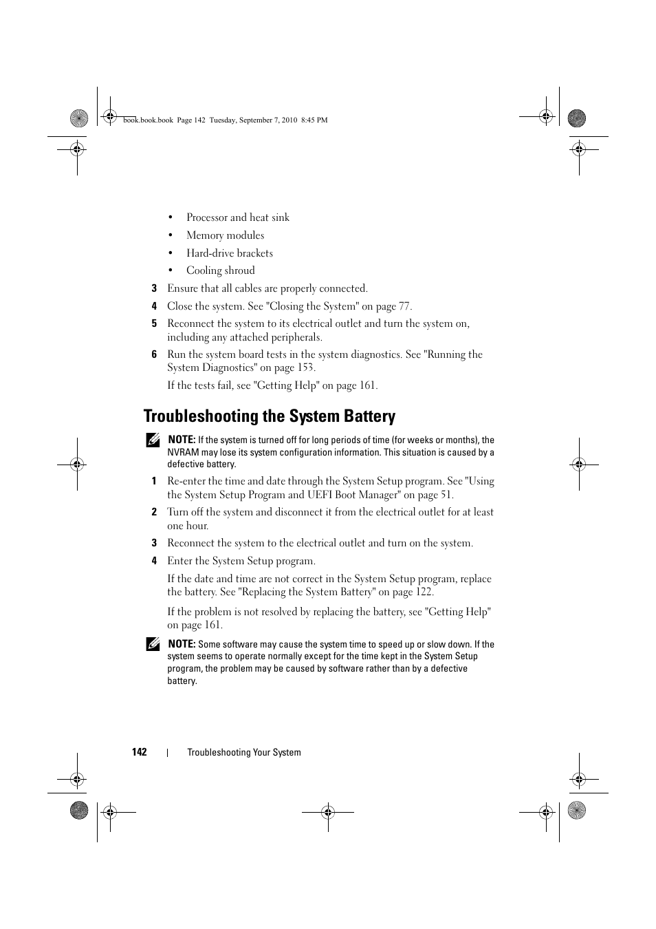 Troubleshooting the system battery, E "troubleshooting the, System battery" on | Troubleshooting the | Dell DX6004S User Manual | Page 142 / 168