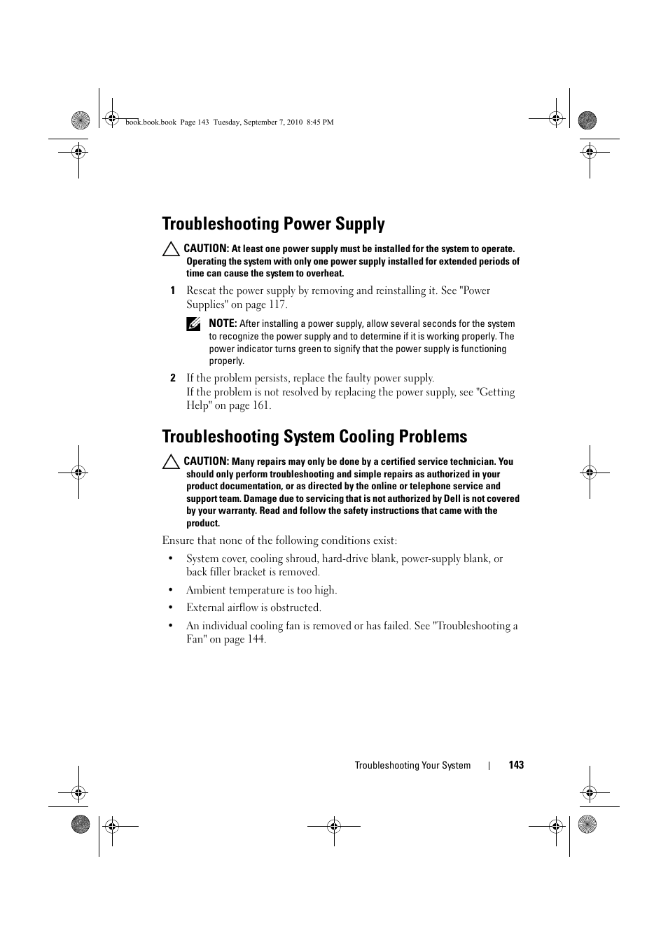 Troubleshooting power supply, Troubleshooting system cooling problems, E "troubleshooting | System cooling, See "troubleshooting, And "troubleshooting, Power supply" on, Troubleshooting power, E "troubleshooting power | Dell DX6004S User Manual | Page 143 / 168