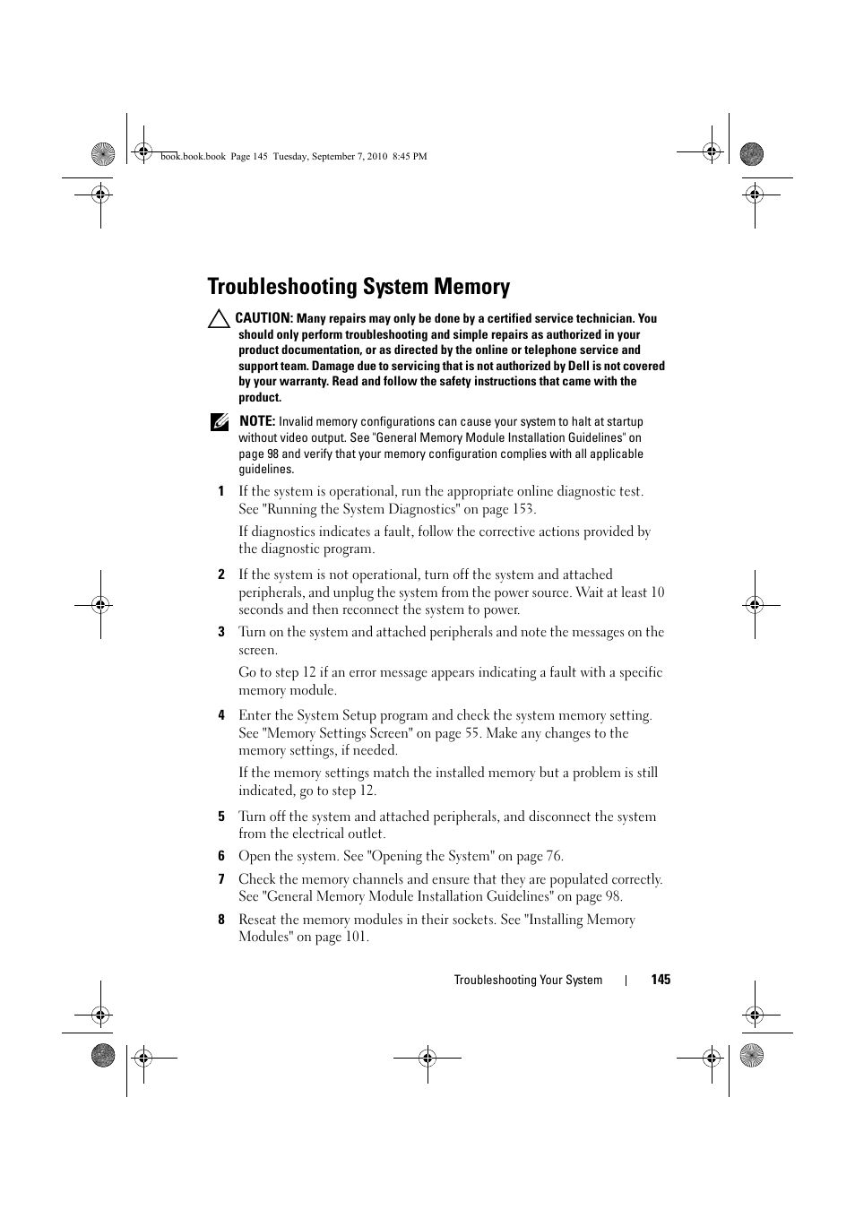 Troubleshooting system memory, Troubleshooting system, E "troubleshooting | System memory" on, See "troubleshooting, Troubleshooting | Dell DX6004S User Manual | Page 145 / 168