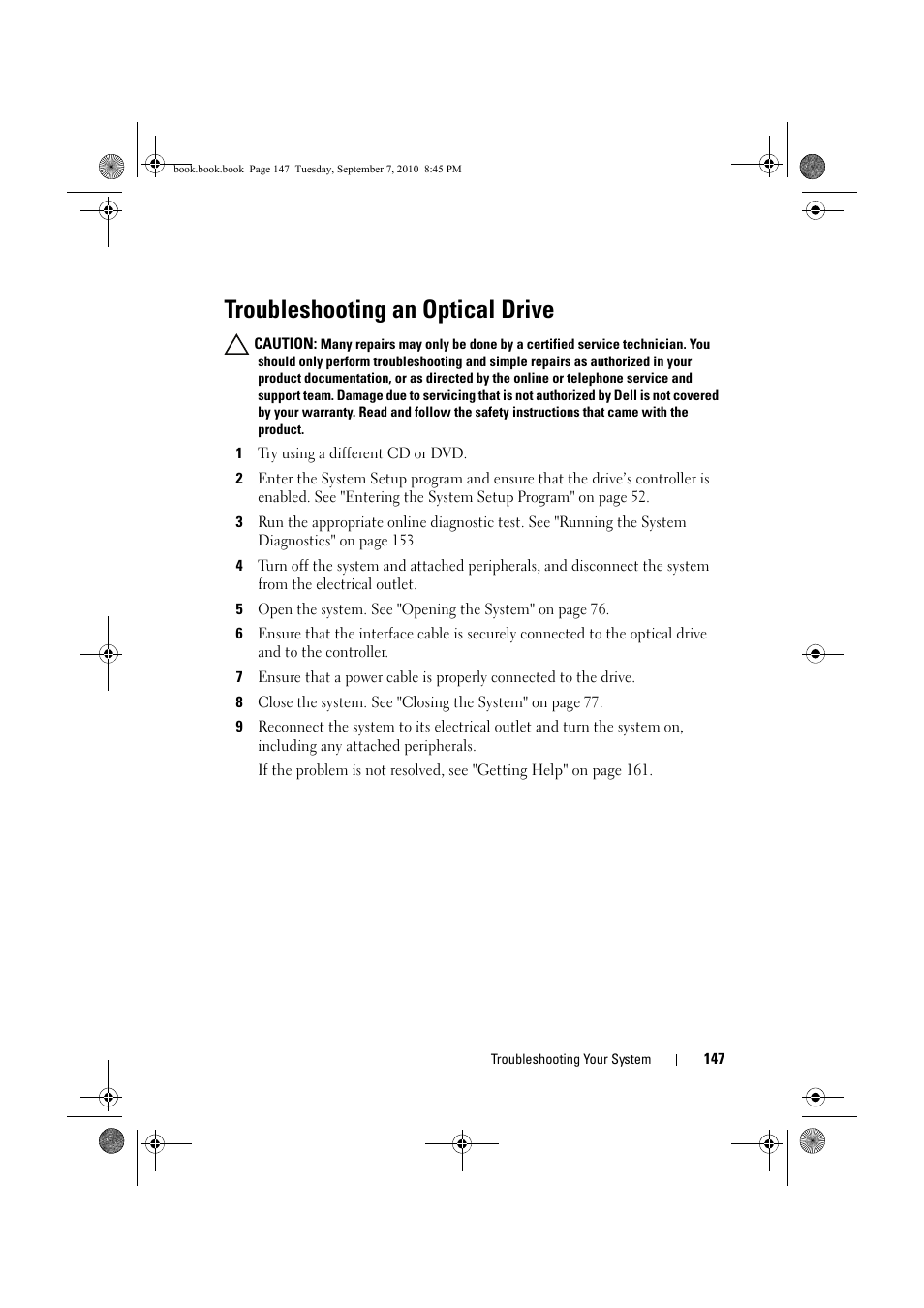 Troubleshooting an optical drive, Troubleshooting an, Troubleshooting an optical | Dell DX6004S User Manual | Page 147 / 168