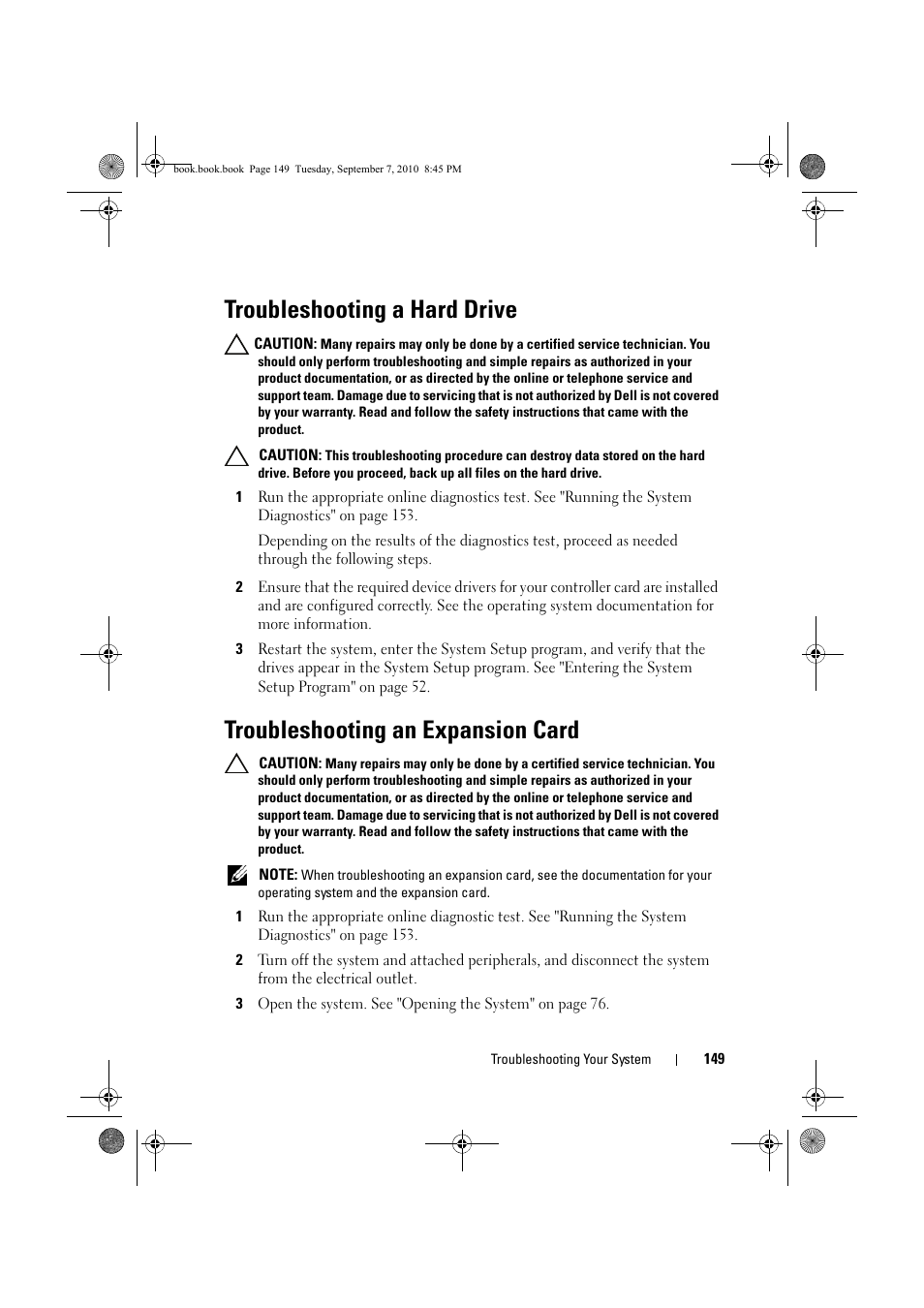 Troubleshooting a hard drive, Troubleshooting an expansion card, See "troubleshooting an | Expansion card" on, E "troubleshooting a, Troubleshooting a hard, Troubleshooting an | Dell DX6004S User Manual | Page 149 / 168