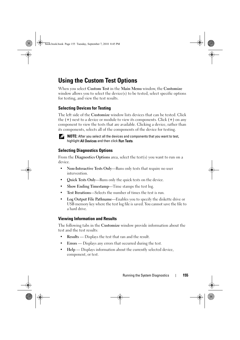 Using the custom test options, Selecting devices for testing, Selecting diagnostics options | Viewing information and results | Dell DX6004S User Manual | Page 155 / 168