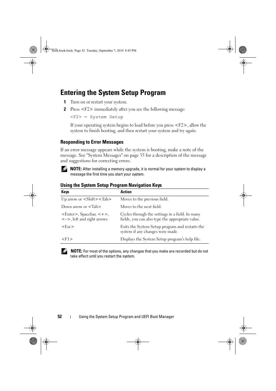 Entering the system setup program, Responding to error messages, Using the system setup program navigation keys | Using the system setup program, Navigation keys, Entering the system | Dell DX6004S User Manual | Page 52 / 168