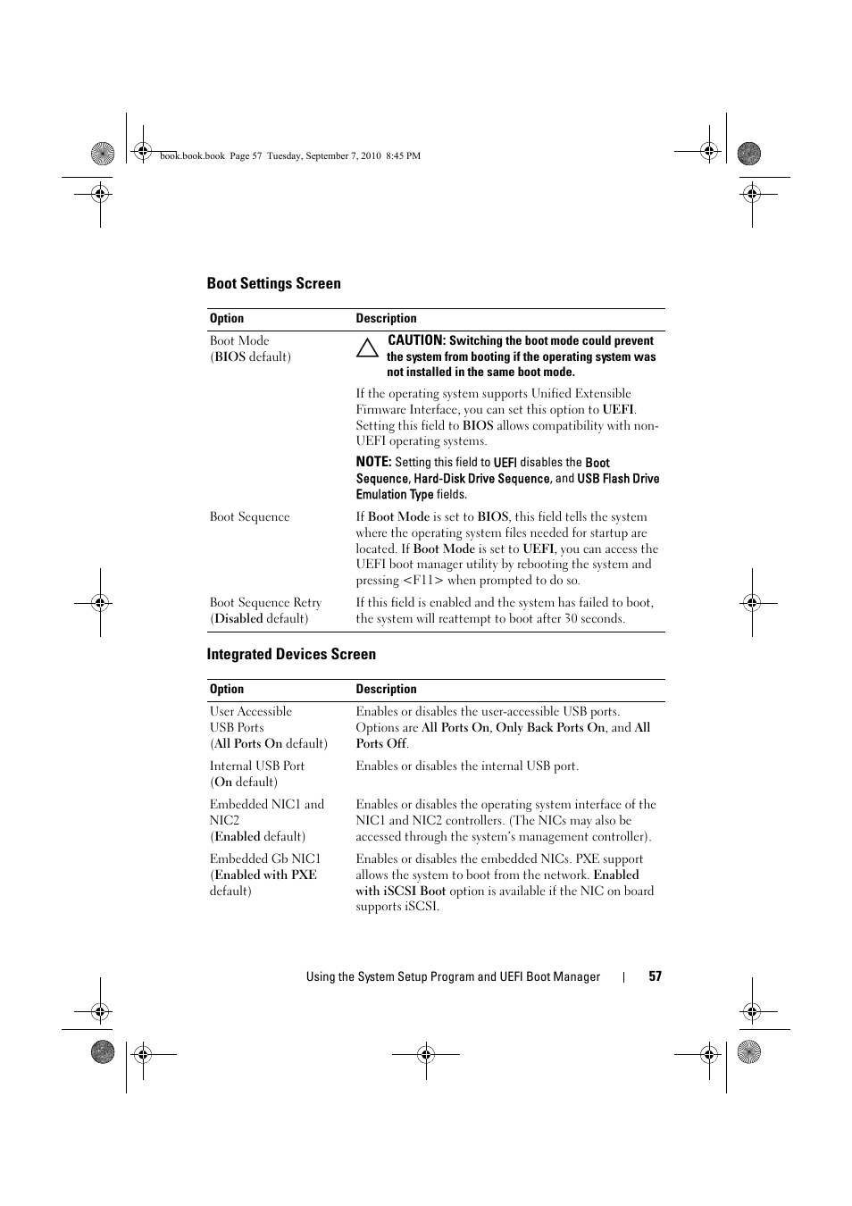 Boot settings screen, Integrated devices screen, Options. see "integrated devices screen" on | Dell DX6004S User Manual | Page 57 / 168