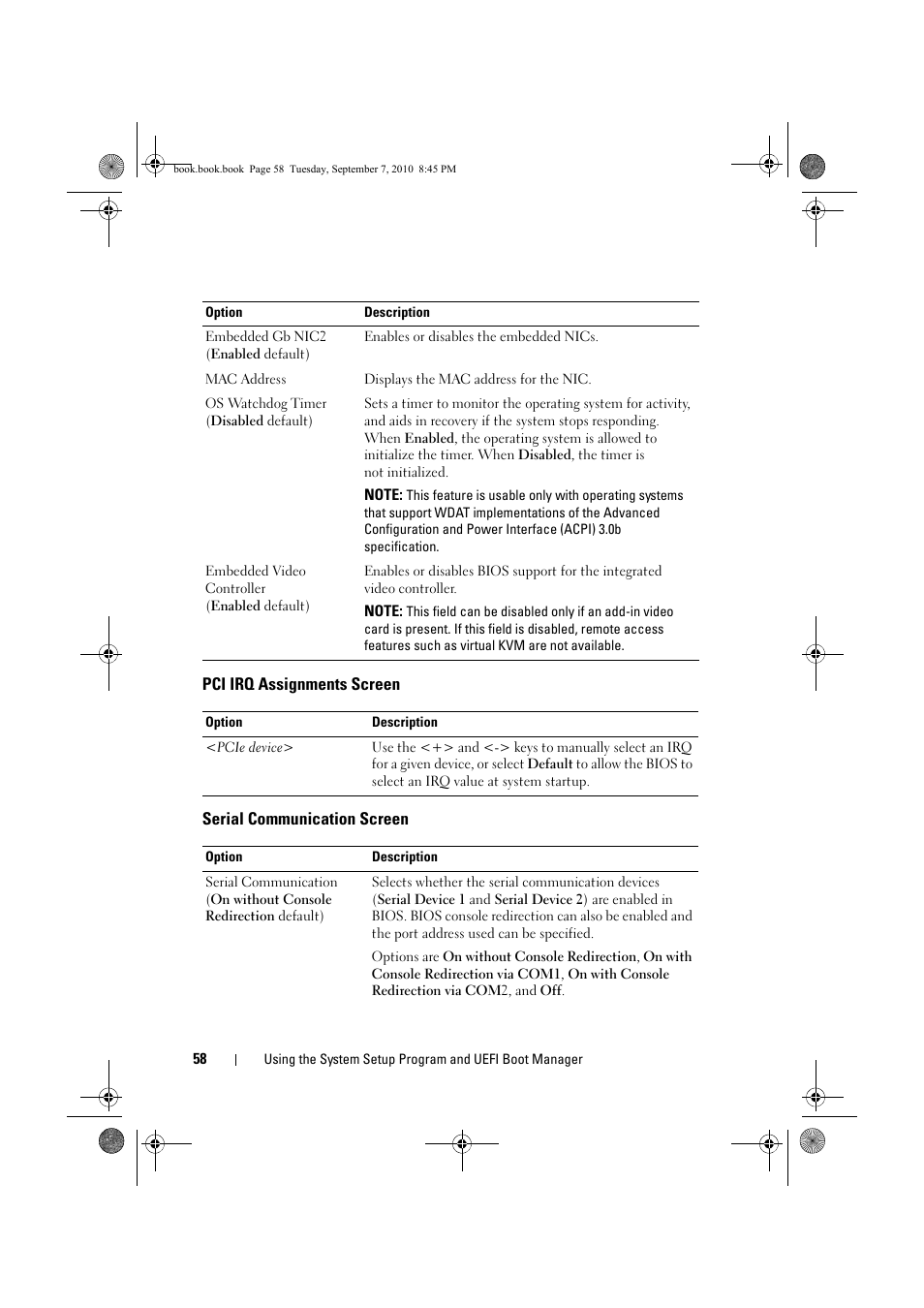 Pci irq assignments screen, Serial communication screen, See "pci irq | See "serial | Dell DX6004S User Manual | Page 58 / 168