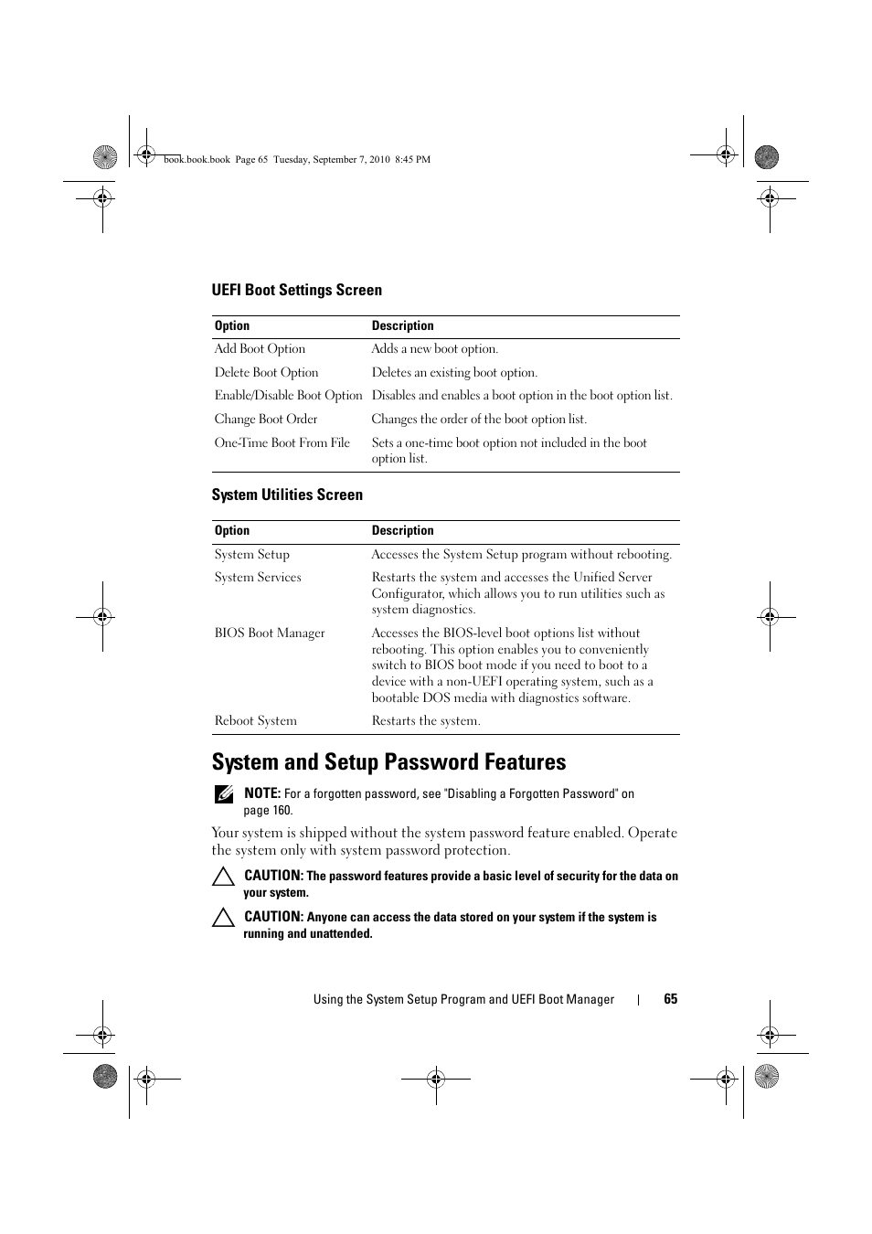 Uefi boot settings screen, System utilities screen, System and setup password features | Dell DX6004S User Manual | Page 65 / 168
