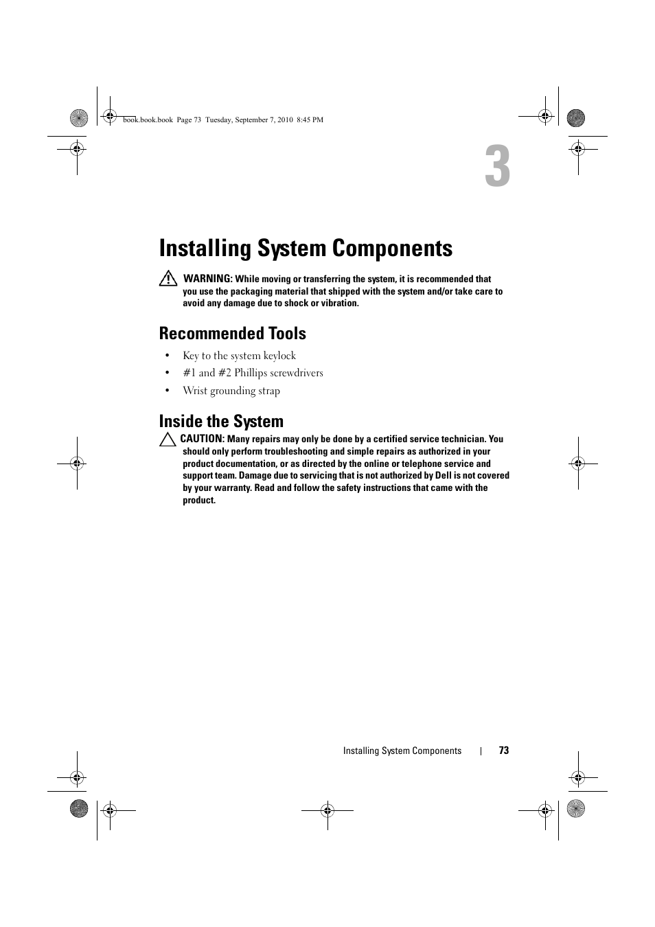 Installing system components, Recommended tools, Inside the system | Dell DX6004S User Manual | Page 73 / 168