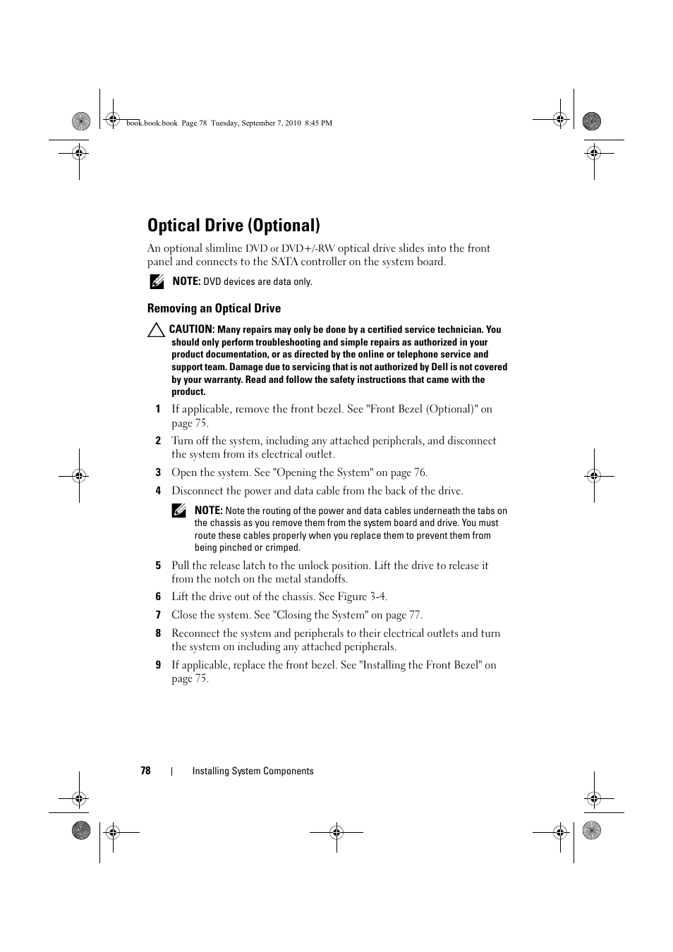 Optical drive (optional), Removing an optical drive | Dell DX6004S User Manual | Page 78 / 168