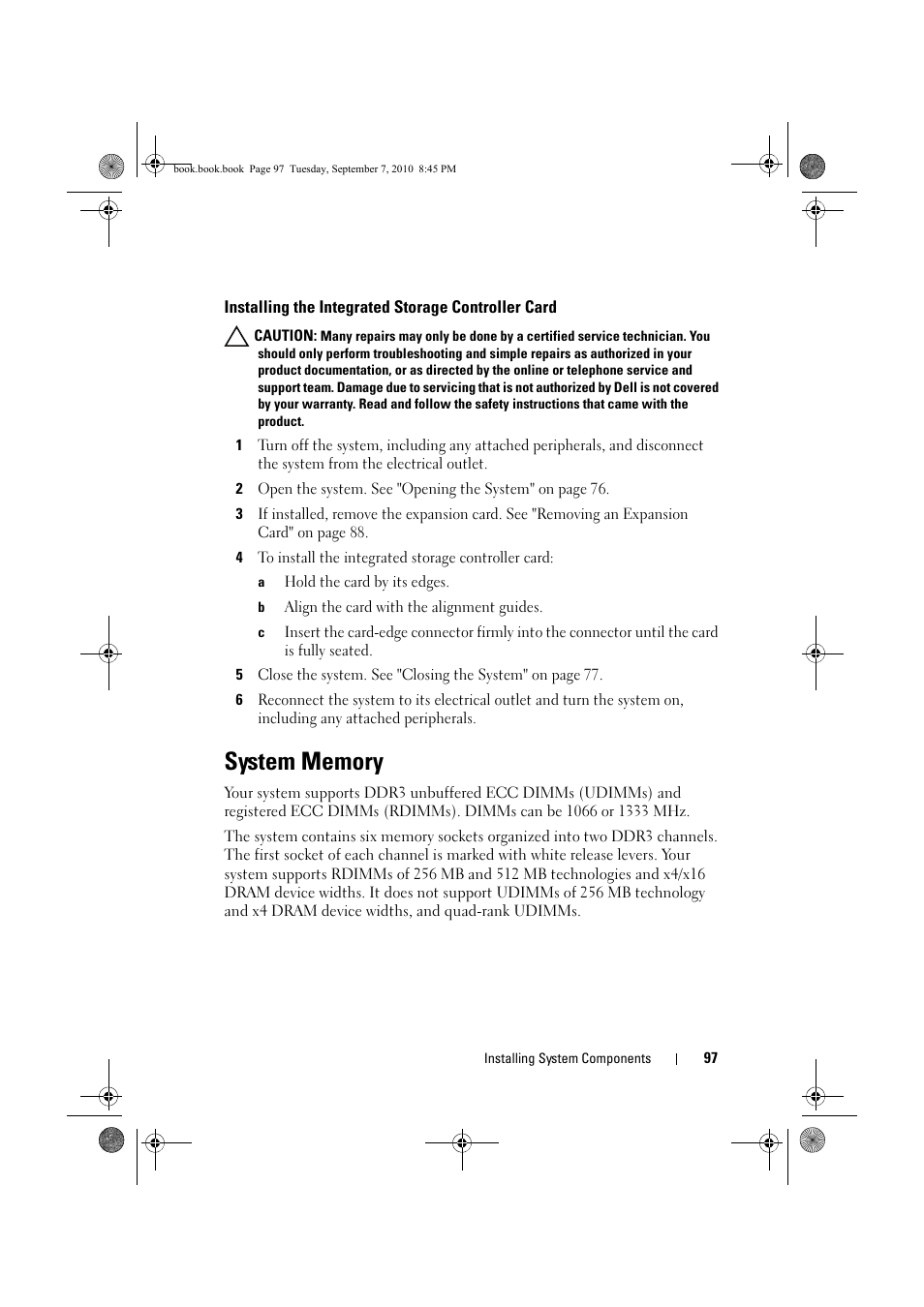 Installing the integrated storage controller card, System memory, Installing the integrated storage | Controller card, System | Dell DX6004S User Manual | Page 97 / 168