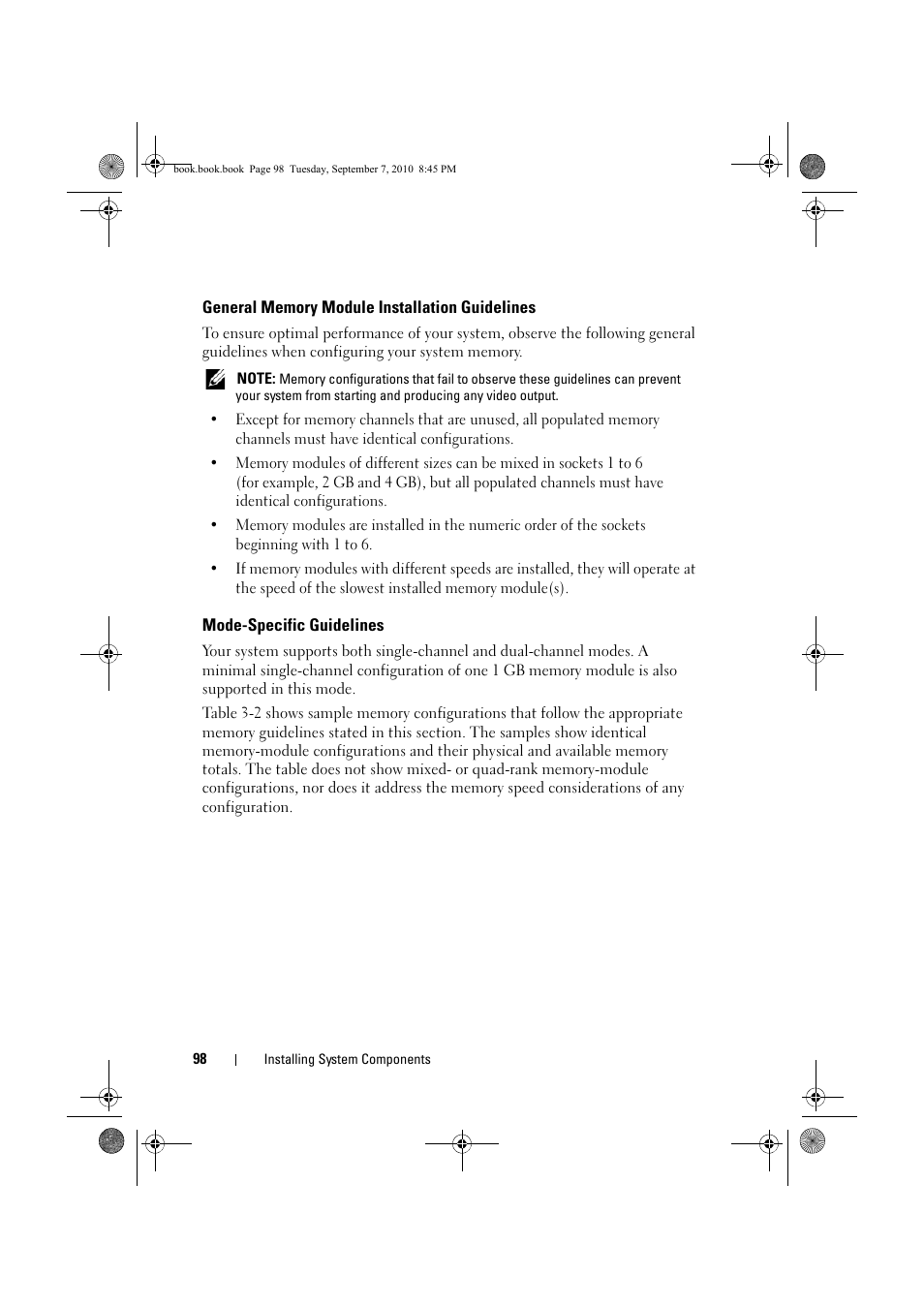 General memory module installation guidelines, Mode-specific guidelines, General memory module | Installation guidelines, Installation guidelines" on, General memory, Module installation | Dell DX6004S User Manual | Page 98 / 168