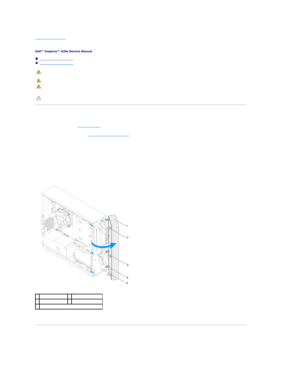 Front bezel, Removing the front bezel | Dell Inspiron 620 (Mid 2011) User Manual | Page 4 / 43