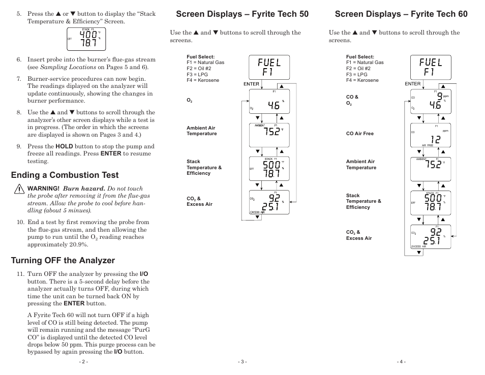 Ending a combustion test, Turning off the analyzer, Screen displays – fyrite tech 50 | Screen displays – fyrite tech 60 | Bacharach Fyrite 24-9429 User Manual | Page 2 / 2