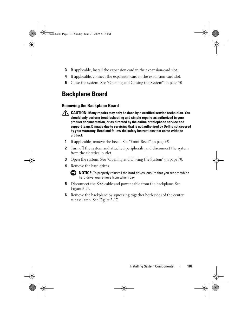 Backplane board, Removing the backplane board | Dell PowerEdge R300 User Manual | Page 101 / 186