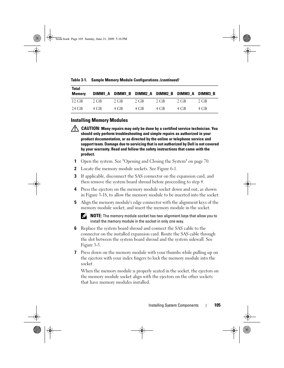 Installing memory modules | Dell PowerEdge R300 User Manual | Page 105 / 186