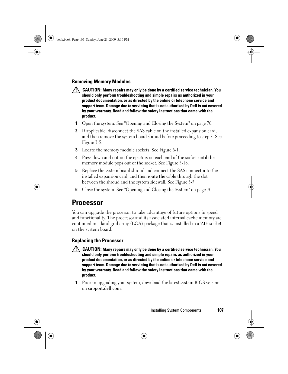 Removing memory modules, Processor, Replacing the processor | Dell PowerEdge R300 User Manual | Page 107 / 186