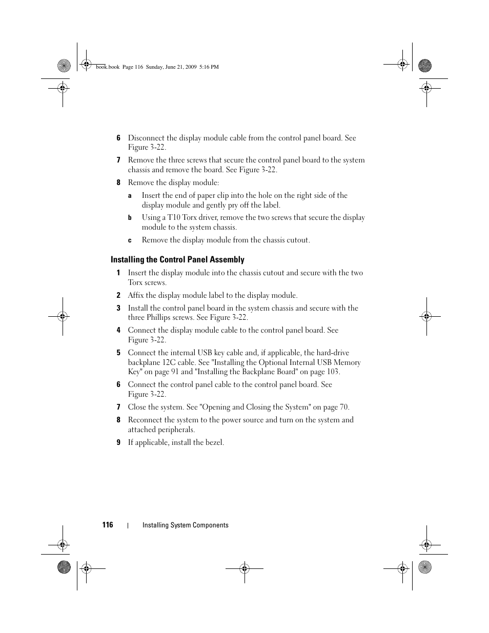 Installing the control panel assembly | Dell PowerEdge R300 User Manual | Page 116 / 186