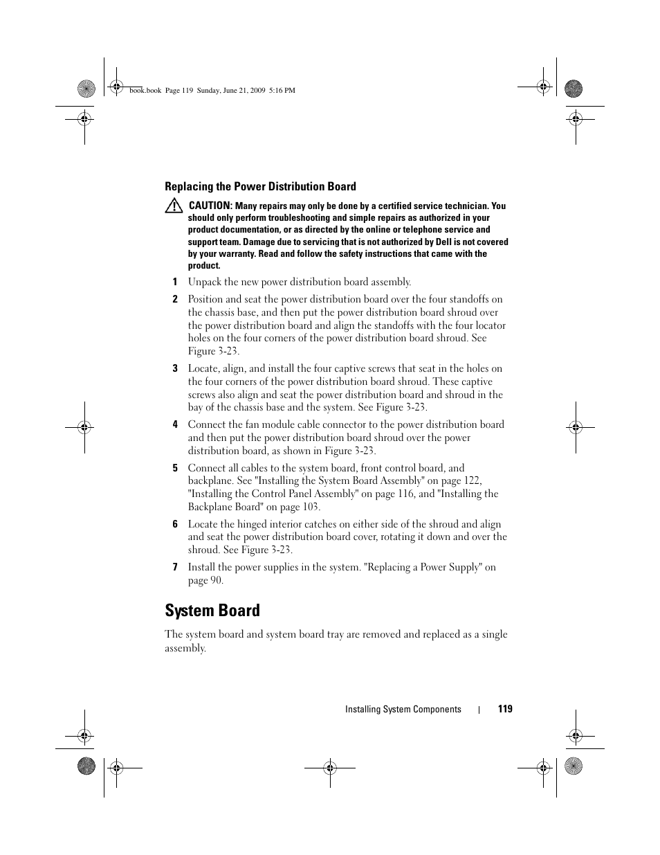 Replacing the power distribution board, System board | Dell PowerEdge R300 User Manual | Page 119 / 186