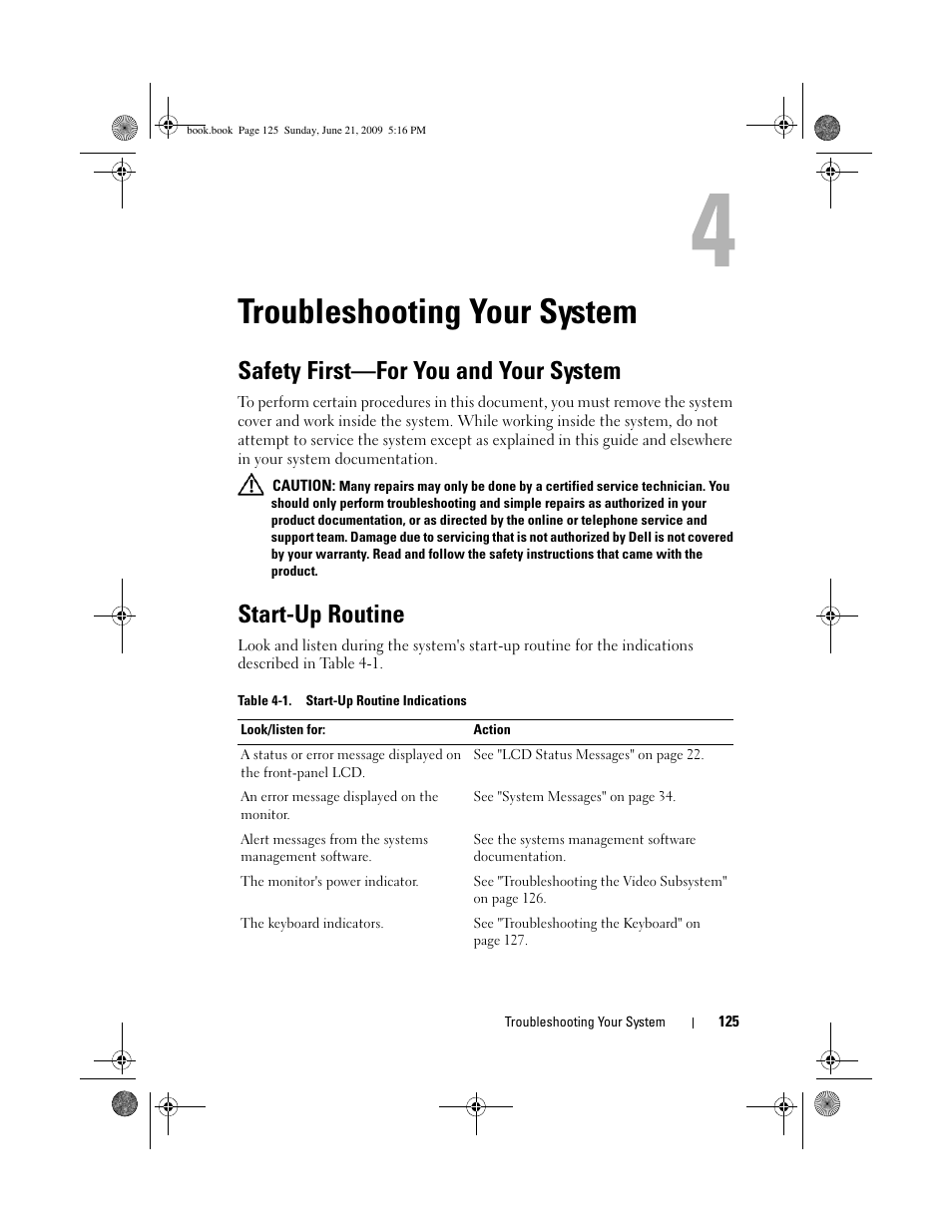 Troubleshooting your system, Safety first-for you and your system, Start-up routine | Safety first—for you and your system | Dell PowerEdge R300 User Manual | Page 125 / 186