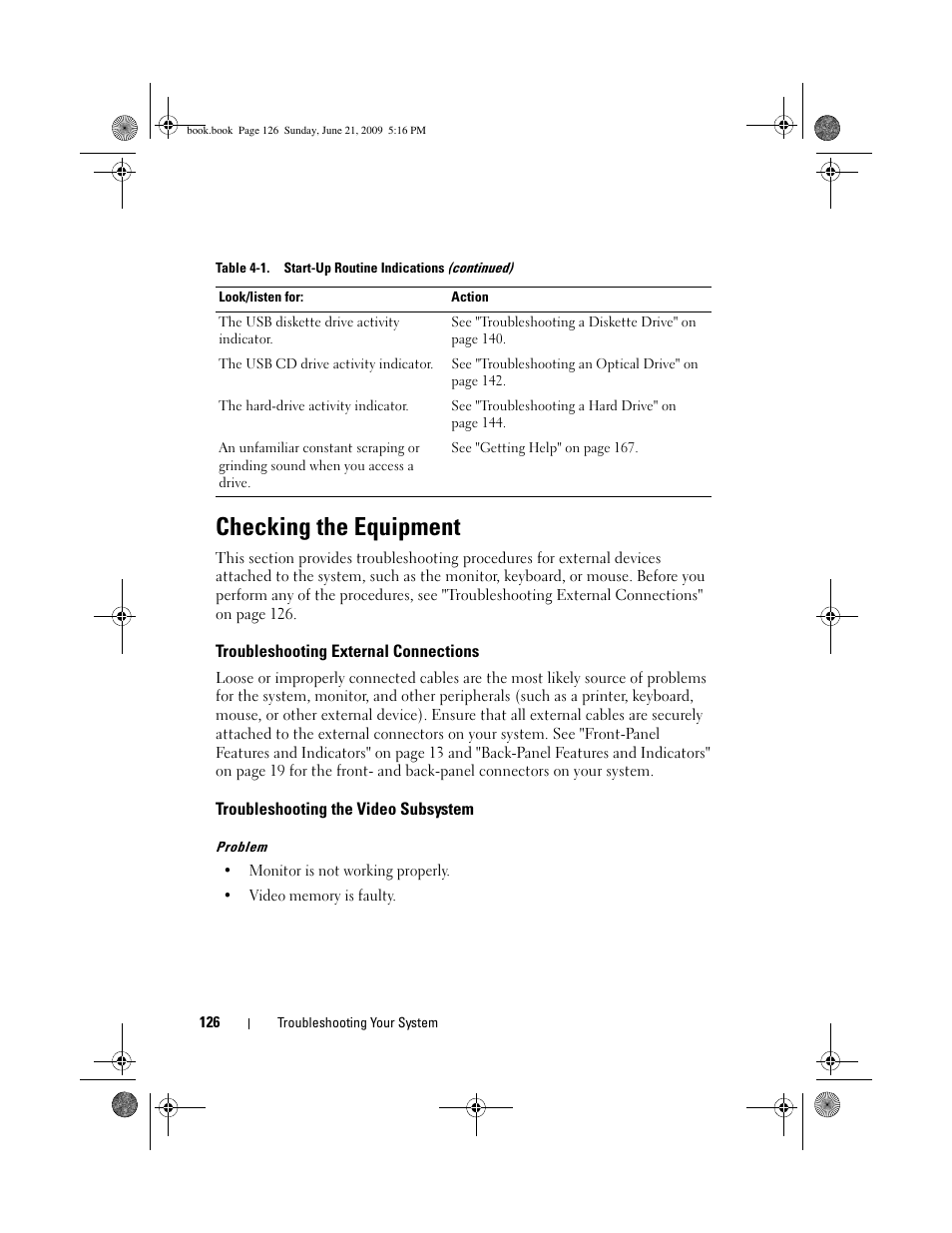 Checking the equipment, Troubleshooting external connections, Troubleshooting the video subsystem | Dell PowerEdge R300 User Manual | Page 126 / 186