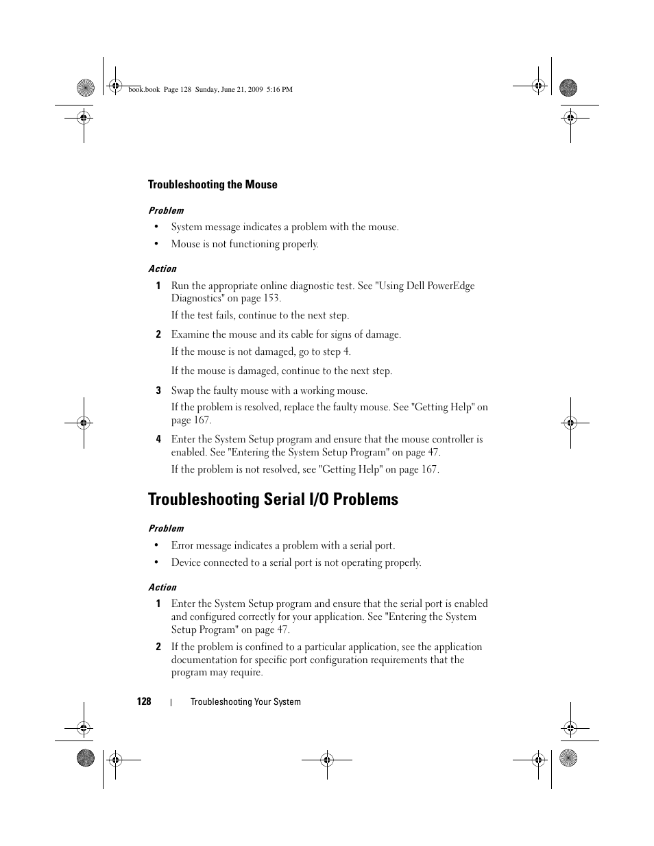 Troubleshooting the mouse, Troubleshooting serial i/o problems | Dell PowerEdge R300 User Manual | Page 128 / 186