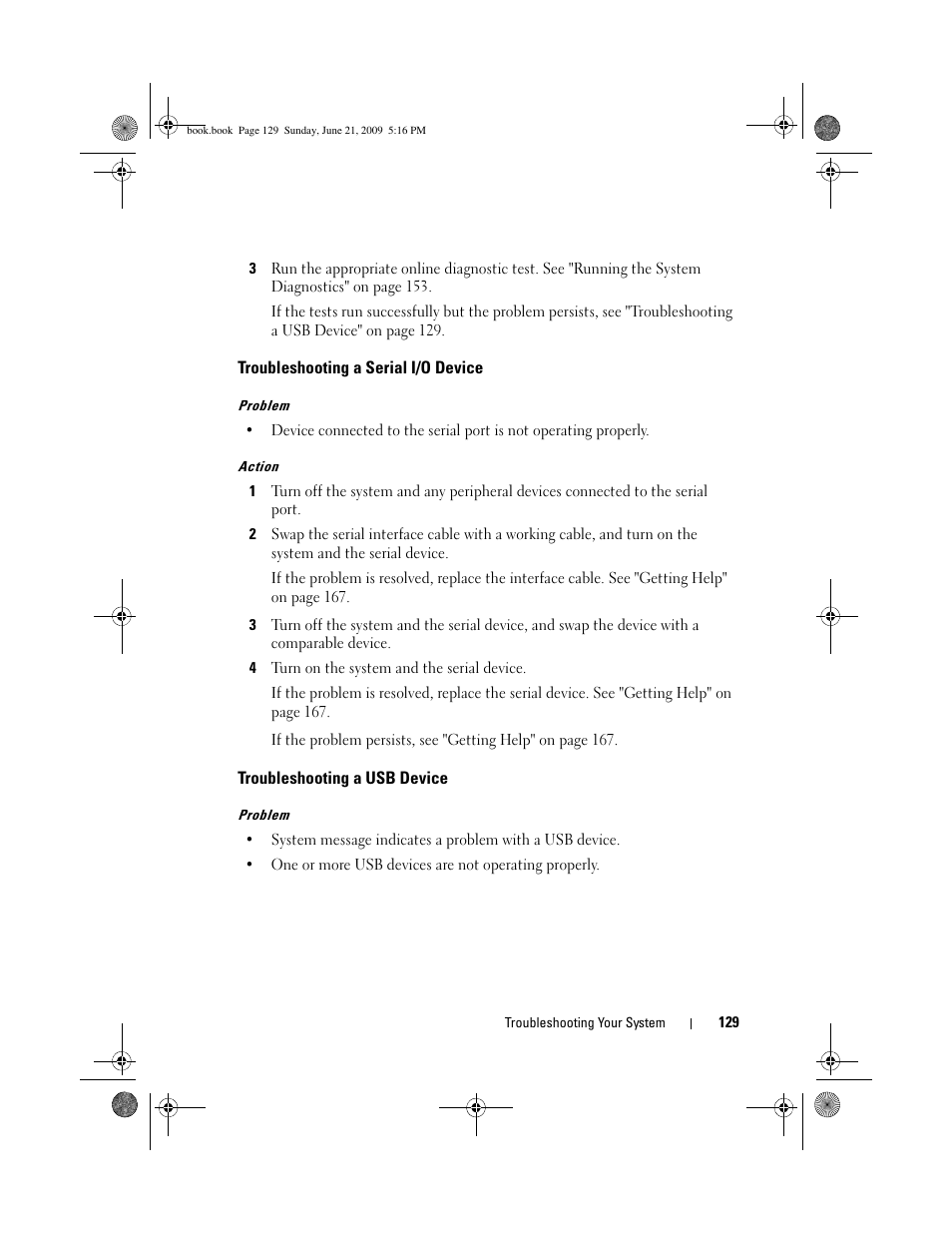 Troubleshooting a serial i/o device, Troubleshooting a usb device | Dell PowerEdge R300 User Manual | Page 129 / 186