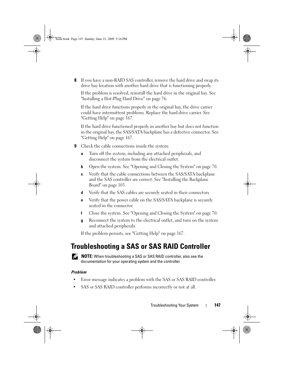 Troubleshooting a sas or sas raid controller | Dell PowerEdge R300 User Manual | Page 147 / 186