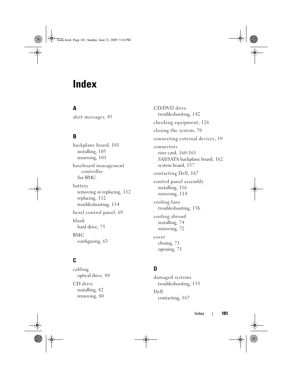 Index | Dell PowerEdge R300 User Manual | Page 181 / 186
