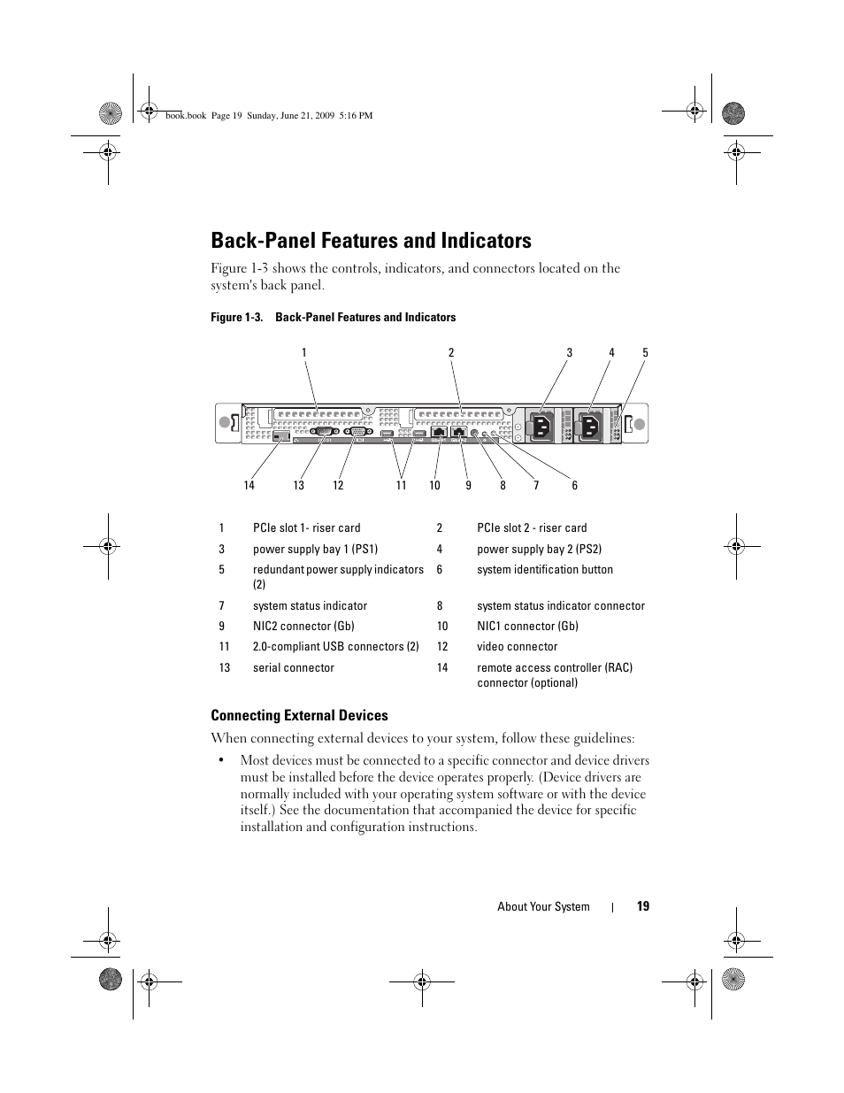 Back-panel features and indicators, Connecting external devices | Dell PowerEdge R300 User Manual | Page 19 / 186