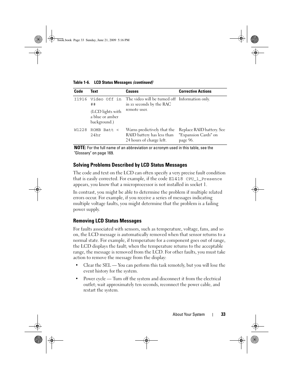 Solving problems described by lcd status messages, Removing lcd status messages | Dell PowerEdge R300 User Manual | Page 33 / 186
