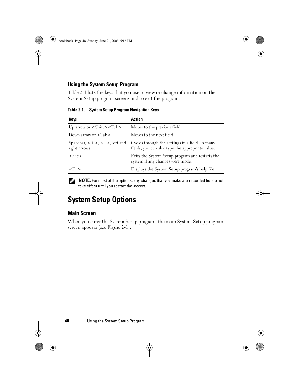 Using the system setup program, System setup options, Main screen | Dell PowerEdge R300 User Manual | Page 48 / 186