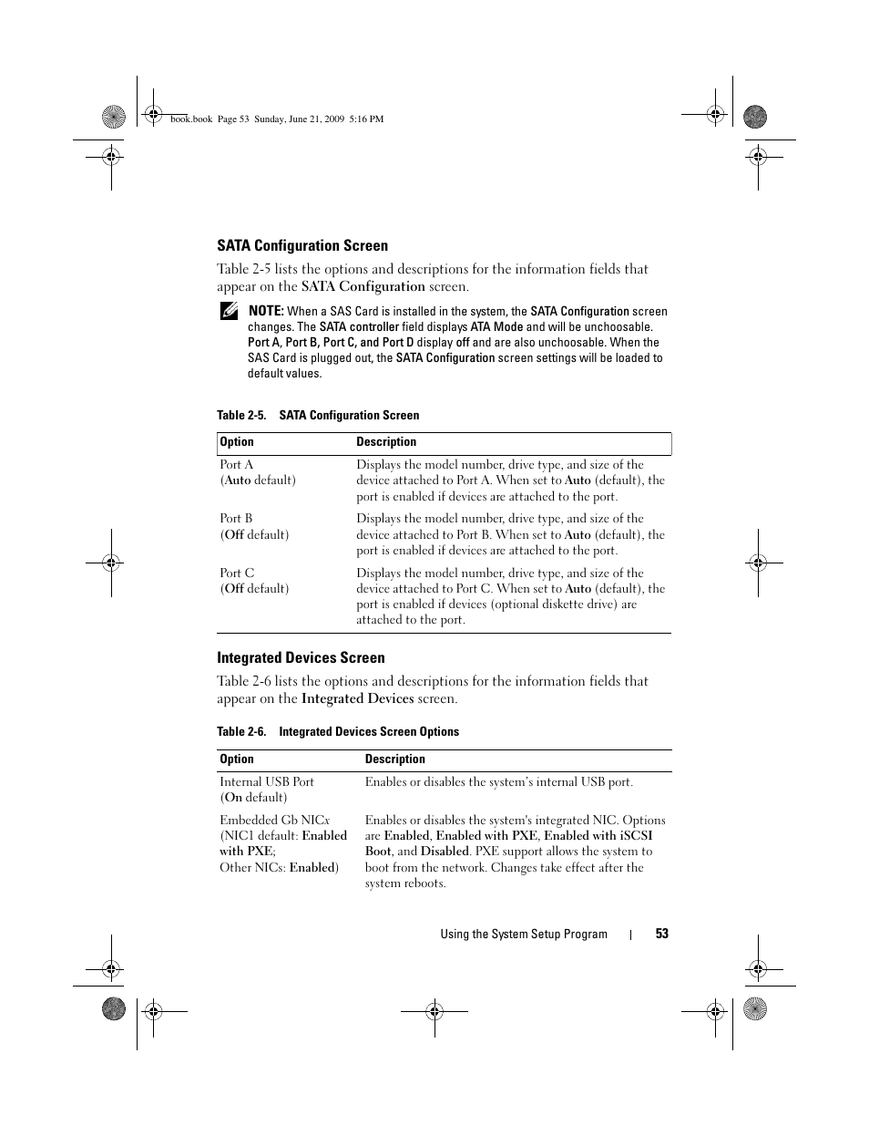 Sata configuration screen, Integrated devices screen | Dell PowerEdge R300 User Manual | Page 53 / 186