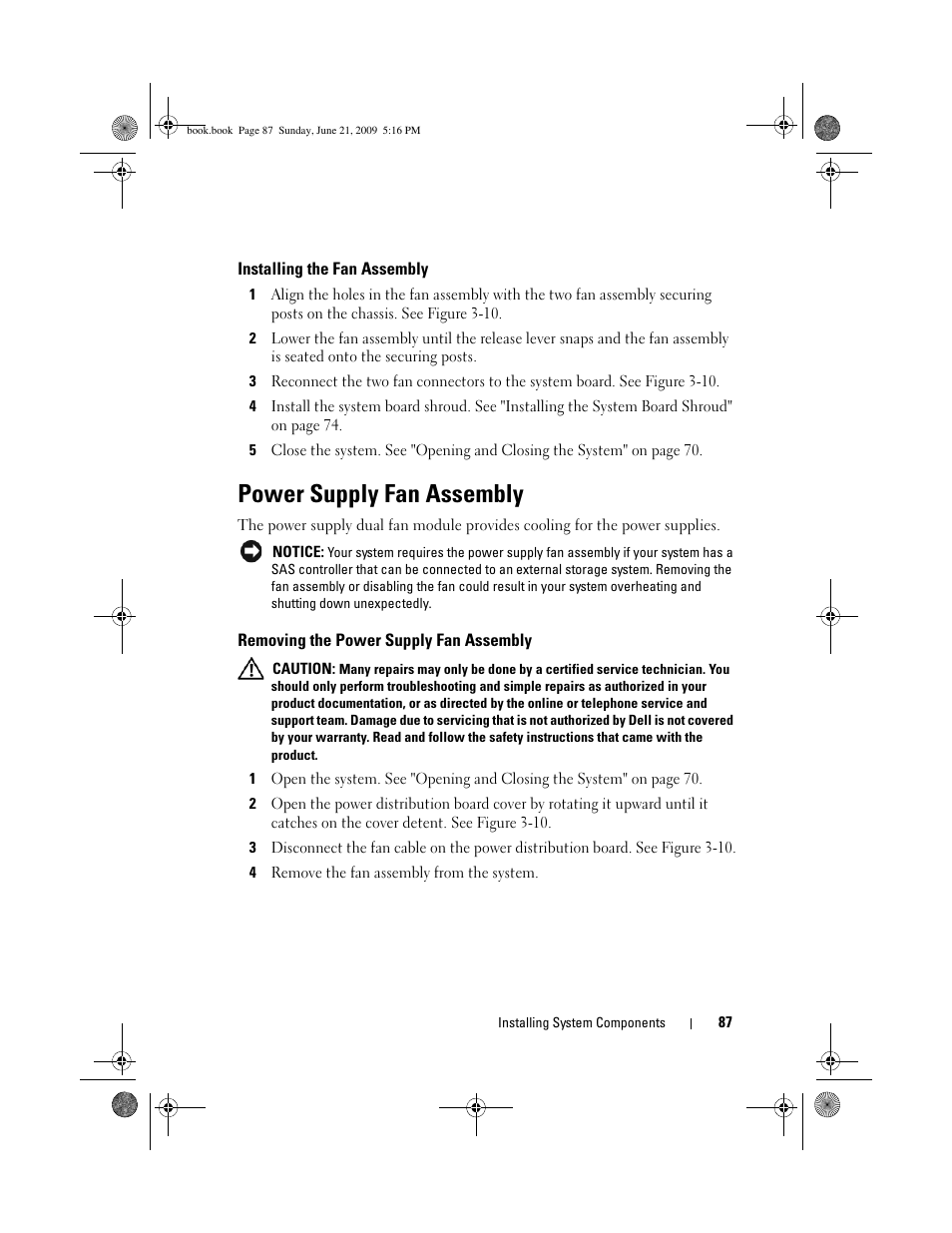Installing the fan assembly, Power supply fan assembly, Removing the power supply fan assembly | Dell PowerEdge R300 User Manual | Page 87 / 186