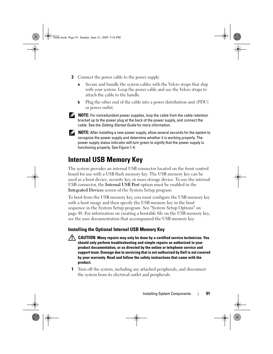 Internal usb memory key, Installing the optional internal usb memory key | Dell PowerEdge R300 User Manual | Page 91 / 186