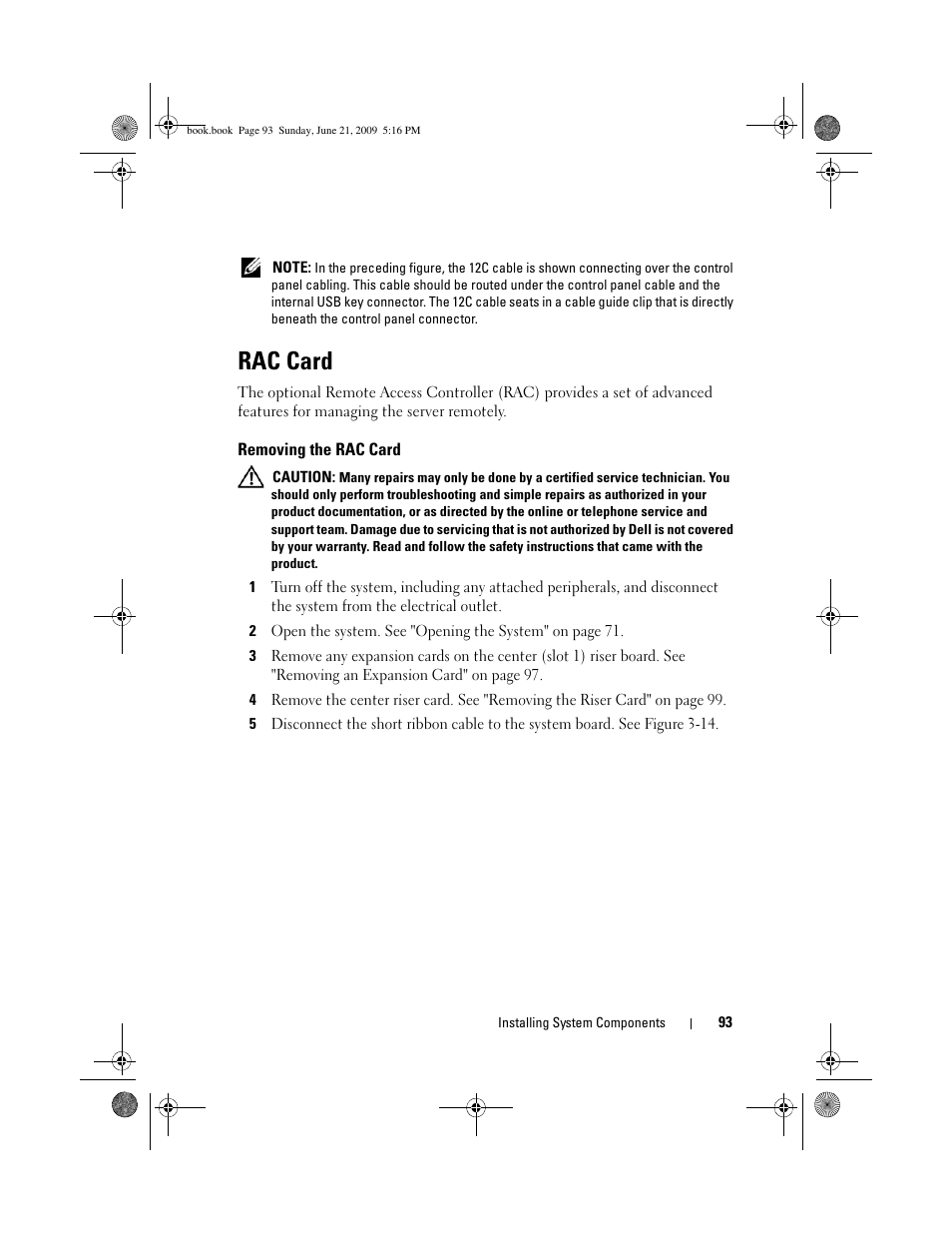 Rac card, Removing the rac card | Dell PowerEdge R300 User Manual | Page 93 / 186