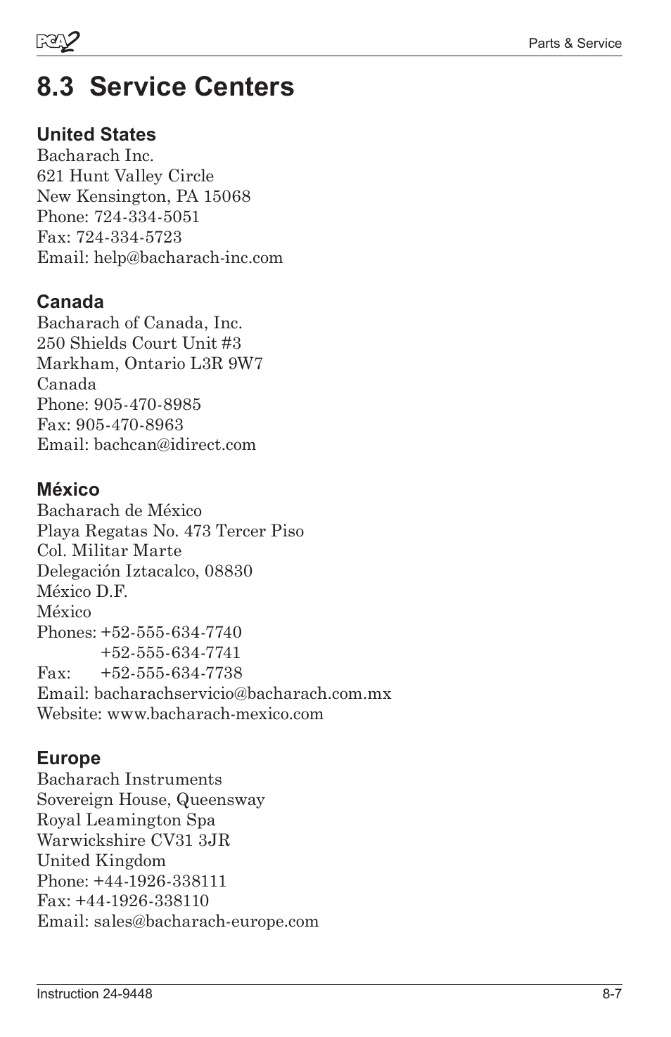 3 servce centers -7, 3 service centers | Bacharach PCA 2 24-9448 User Manual | Page 106 / 108
