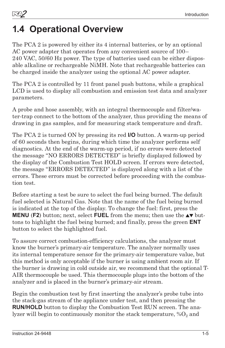 4 operatonal overvew -5, 4 operational overview | Bacharach PCA 2 24-9448 User Manual | Page 11 / 108