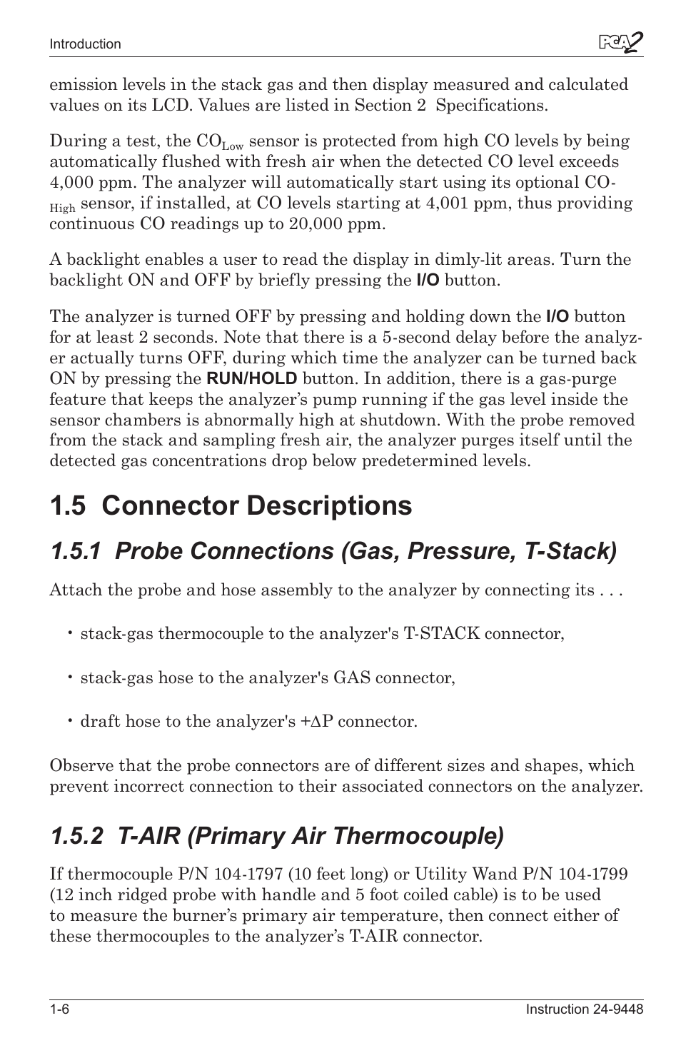 5 connector descrptons -6, 1 probe connectons (gas, pressure, t-stack) -6, 2 t-air (prmary ar thermocouple) -6 | 5 connector descriptions, 1 probe connections (gas, pressure, t-stack), 2 t-air (primary air thermocouple) | Bacharach PCA 2 24-9448 User Manual | Page 12 / 108
