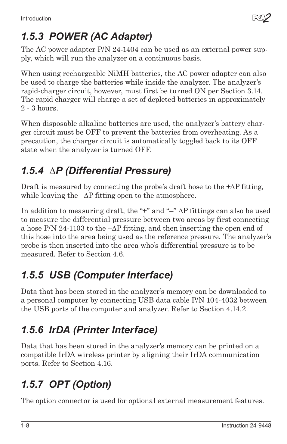 3 power (ac adapter) -8, 4 ∆p (differential pressure) -8, 5 usb (computer interface) -8 | 6 irda (prnter interface) -8, 7 opt (opton) -8, 3 power (ac adapter), 4 ∆p (differential pressure), 5 usb (computer interface), 6 irda (printer interface), 7 opt (option) | Bacharach PCA 2 24-9448 User Manual | Page 14 / 108