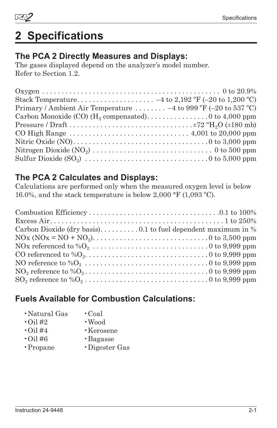 2 specifications -1, 2 specifications, The pca 2 directly measures and displays | The pca 2 calculates and displays, Fuels available for combustion calculations | Bacharach PCA 2 24-9448 User Manual | Page 17 / 108