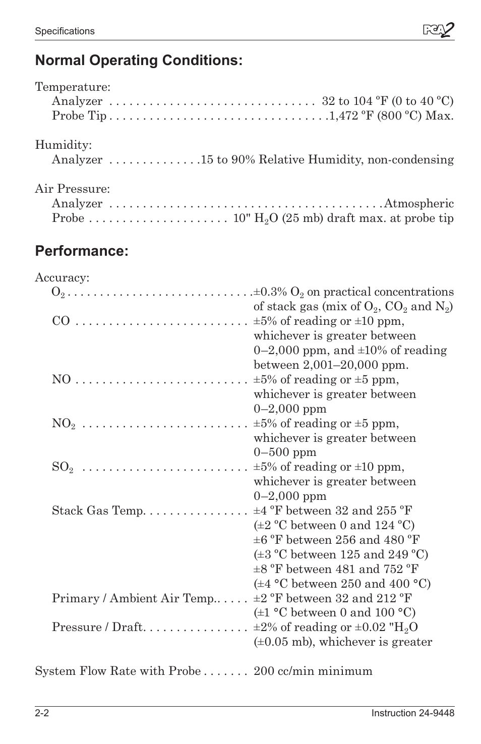 Normal operating conditions, Performance | Bacharach PCA 2 24-9448 User Manual | Page 18 / 108