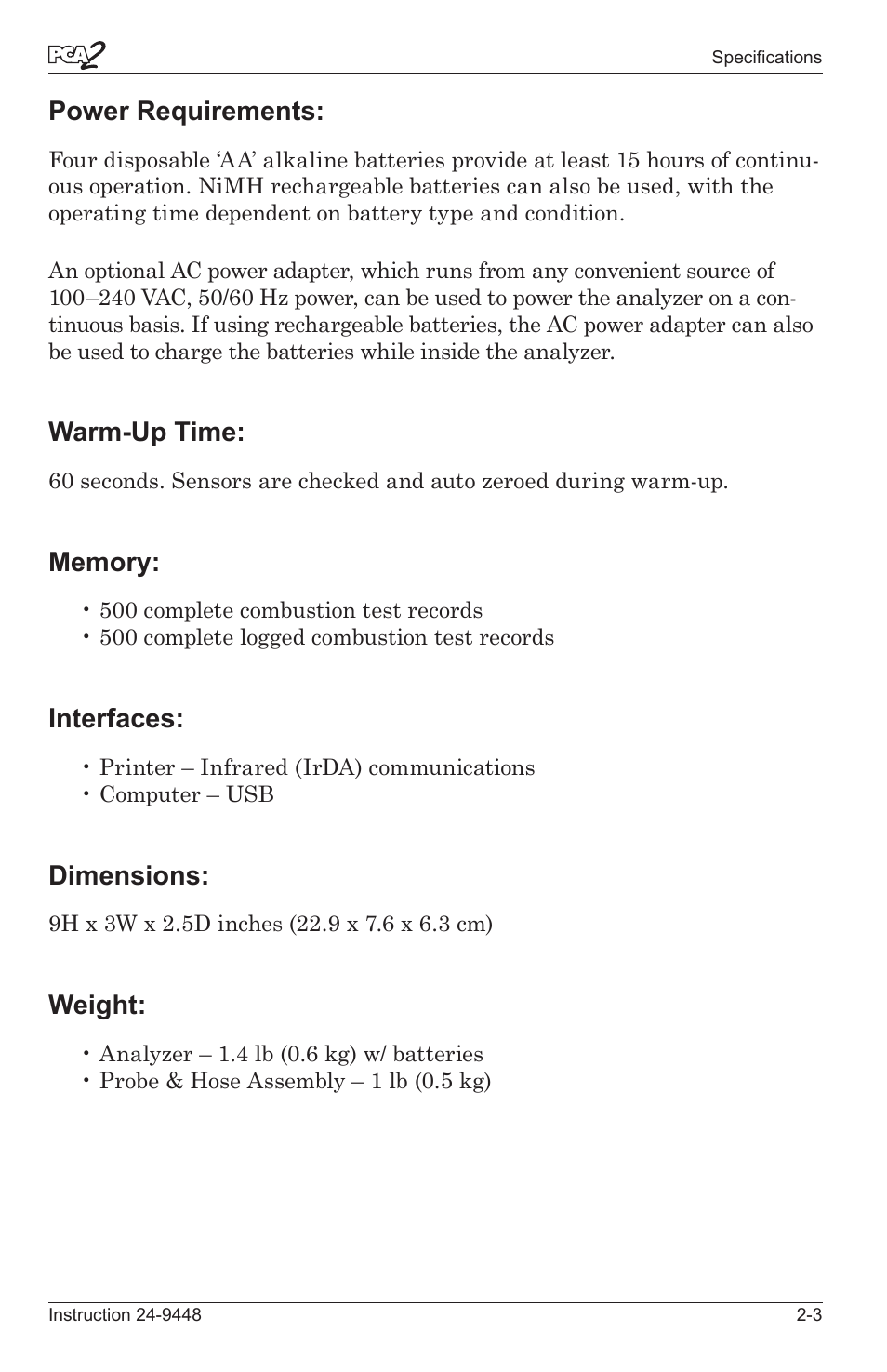 Power requirements, Warm-up time, Interfaces | Dimensions, Weight | Bacharach PCA 2 24-9448 User Manual | Page 19 / 108