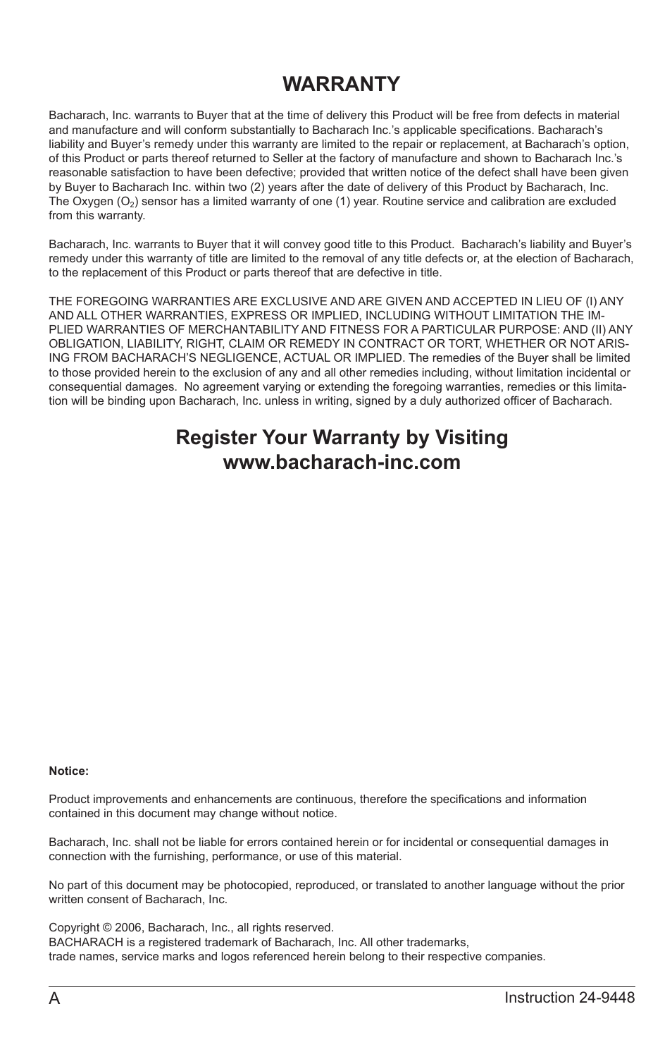 Warranty | Bacharach PCA 2 24-9448 User Manual | Page 2 / 108